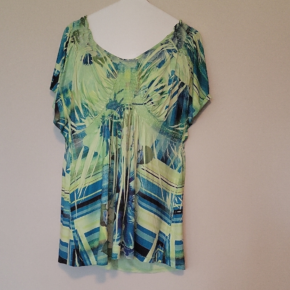 Green and Blue Flutter Sleeve Blouse with Tie Front